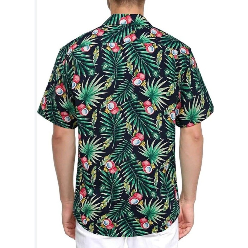 SSLR Men's Tropical Hawaiian Shirt Navy Blue Floral Coconut Print Short Sleeve L